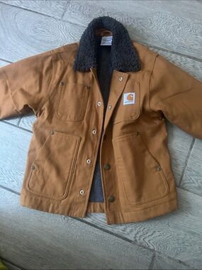 Carhartt young kid Brown Duck Work Jacket with Black Sherpa Collar